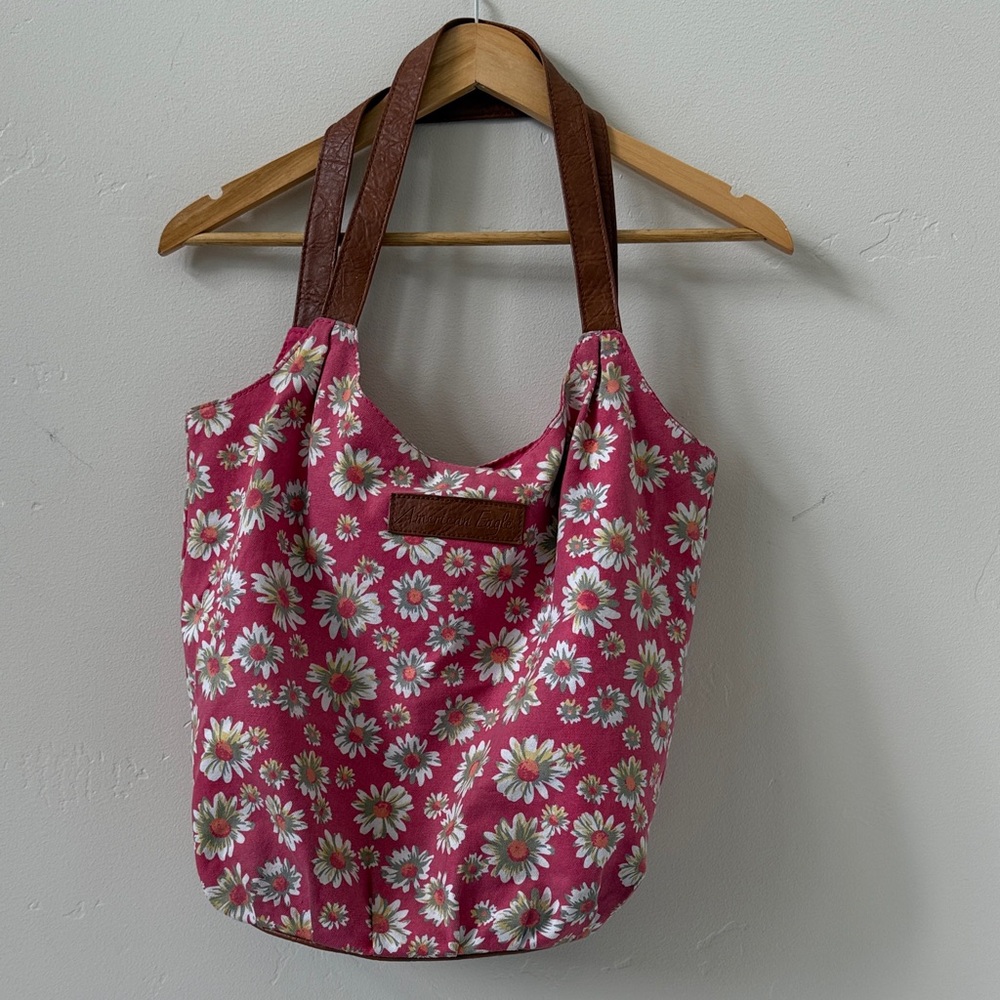 American Eagle Daisy Shoulder Tote, Pink Floral Purse w/ Vegan Leather Accents